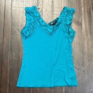 Teal tank top with a floral lace trim